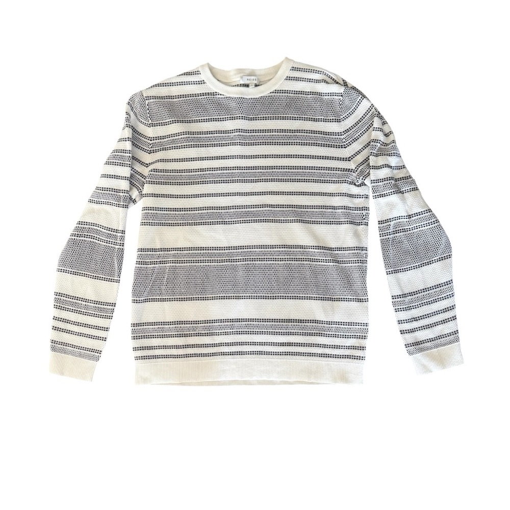 Reiss women’s cotton knit stitch navy stripe white nautical sweater Sz Large